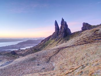 Famous view over old man of storr in scotland. popular exposed rocky tower.