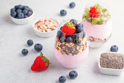 High angle view of breakfast served on table