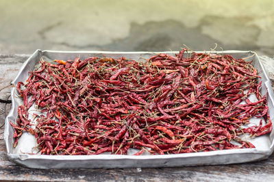 Close-up of red chili peppers for sale in market