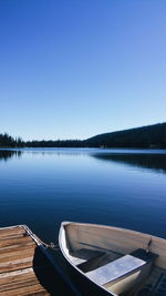 Rowboat moored in lake against clear blue sky