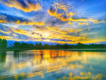 Scenic view of lake against sky at sunset