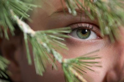 Closeup young woman with shadows from pine tree on her face