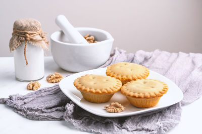 High angle view of cake in plate on table