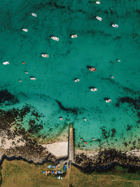 Aerial view of boat moored at sea