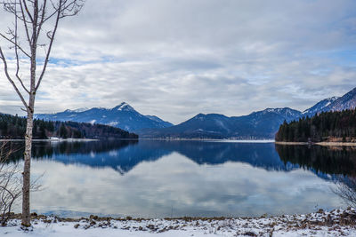 Scenic view of lake by snowcapped mountains against sky