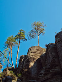 Low angle view of rock formation against clear blue sky