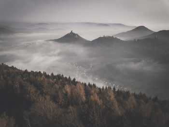 High angle view of trees on mountain against sky