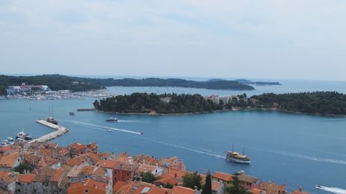 High angle view of boats in bay