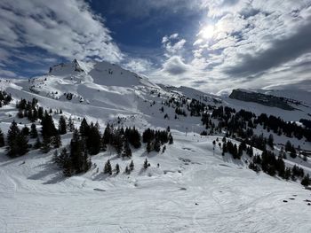 Scenic view of snowcapped mountains against sky