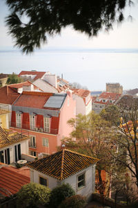 Houses in town against sky