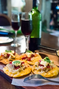 Close-up of food served on table