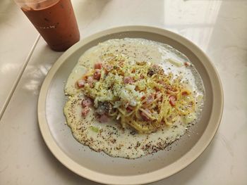 High angle view of food in plate on table