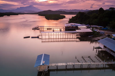 High angle view of lake against sky during sunset