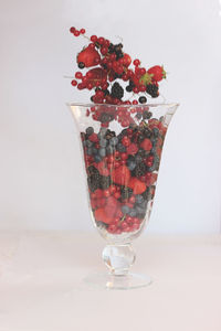 Close-up of drink on table against white background