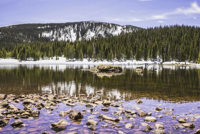 Scenic view of lake with mountains in background