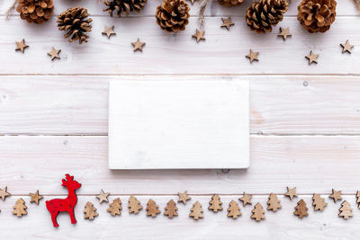 High angle view of christmas decorations on table