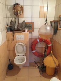 Lanterns hanging in bathroom