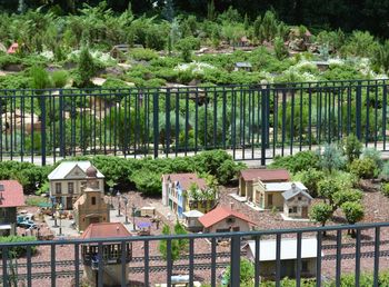 High angle view of townscape by lake