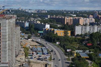 High angle view of street amidst buildings in city