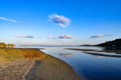 Scenic view of sea against blue sky