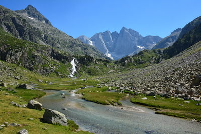 Scenic view of stream by mountains against clear sky