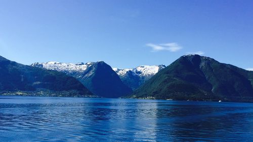 Scenic view of lake and mountains against sky