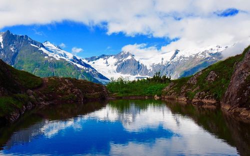 Scenic view of lake and mountains against sky