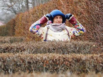 Portrait of cute girl in park during winter