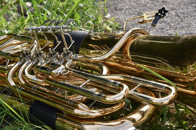 Close-up of trumpets outdoors