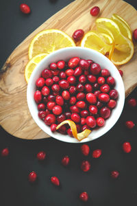 High angle view of strawberries in bowl