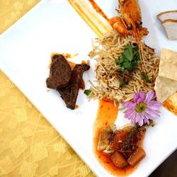 High angle view of food in plate on table