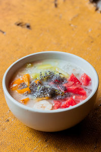 High angle view of soup in bowl on table