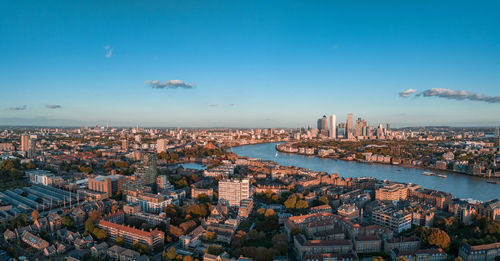 Aerial panoramic skyline view of canary wharf, the worlds leading financial district in london, uk.