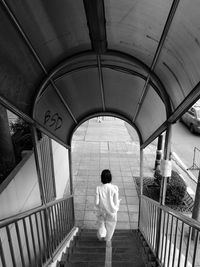 Rear view of woman walking on staircase