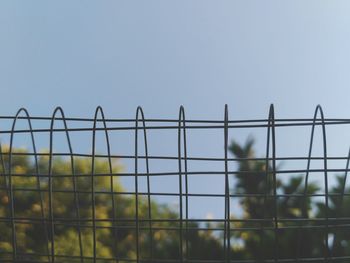 Low angle view of fence against clear sky