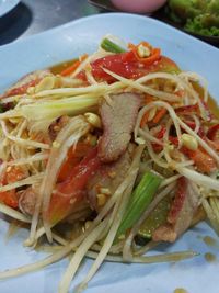 Close-up of pasta served in plate