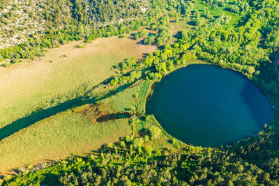 Aerial view of torak lake spring in the cikola river canyon, croatia