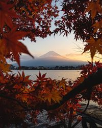 Scenic view of lake against orange sky