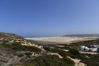 Scenic view of beach against clear blue sky