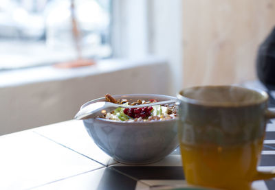 Close-up of breakfast served on table