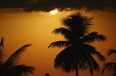 Silhouette palm trees against romantic sky at sunset