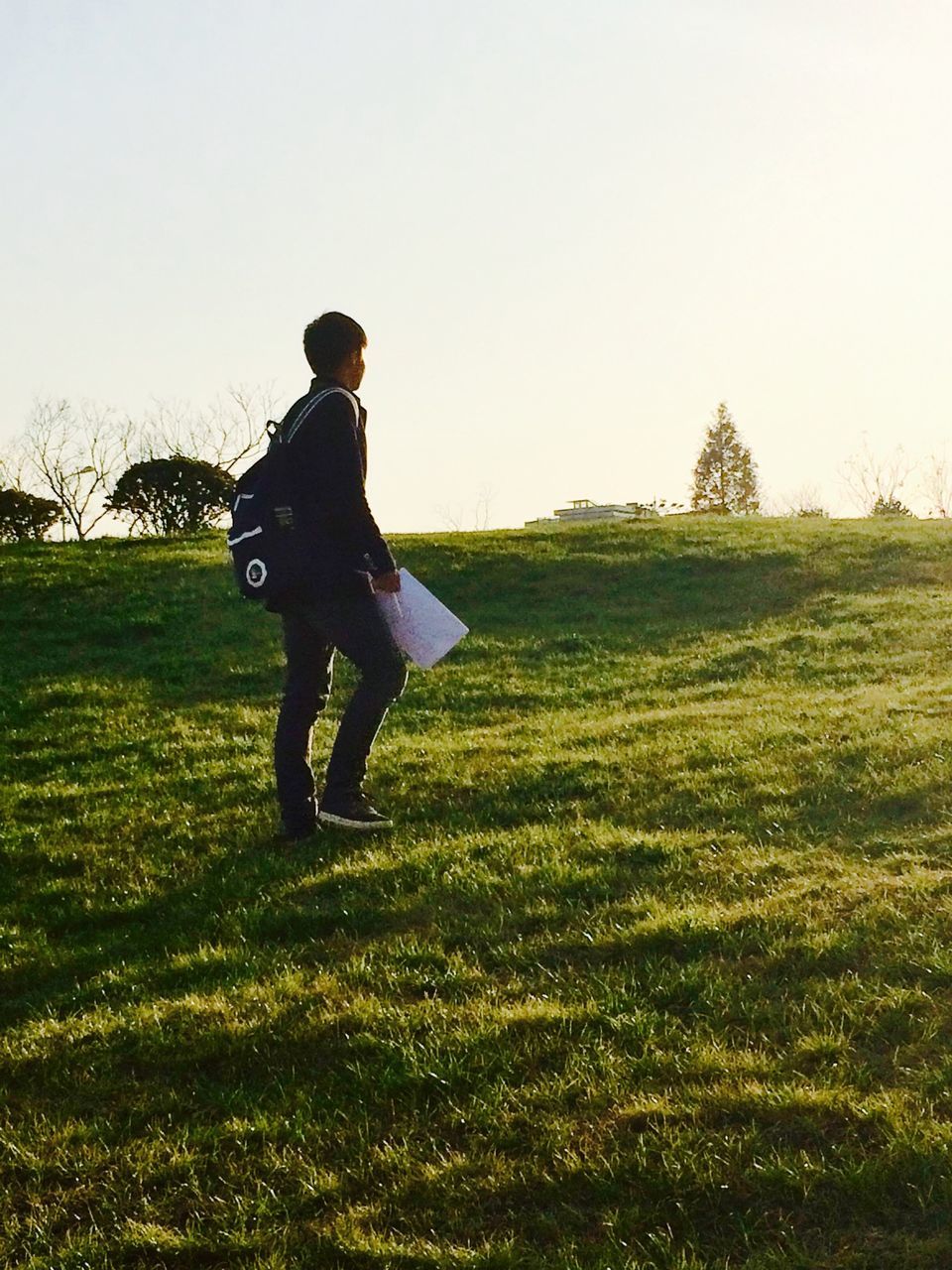 grass, full length, field, lifestyles, leisure activity, grassy, casual clothing, clear sky, standing, landscape, copy space, green color, nature, rear view, walking, growth, young adult, tranquility