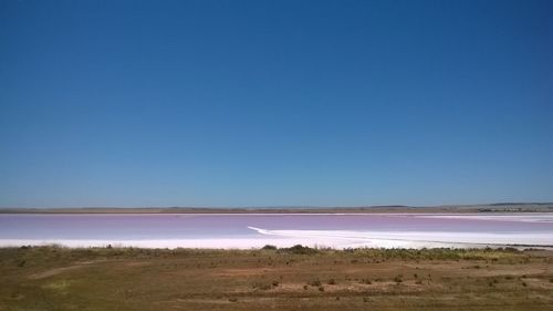 Scenic view of beach against clear blue sky