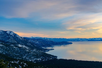 Scenic view of lake by snowcapped mountains against sky during sunset