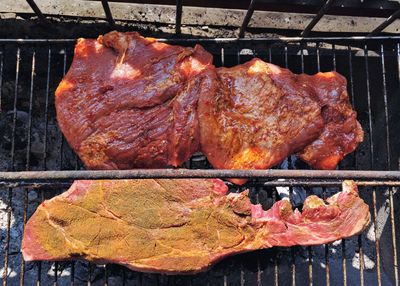 Close-up of meat on barbecue grill