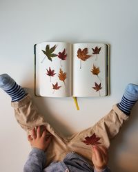 Low section of boy with autumn leaves on book