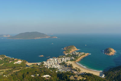 High angle view of bay against sky