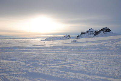 Scenic view of snow covered mountain against sky