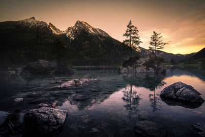 Scenic view of lake against sky during sunset