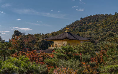 Full frame view of autumn fall colors with a golden pagoda with blue skies above